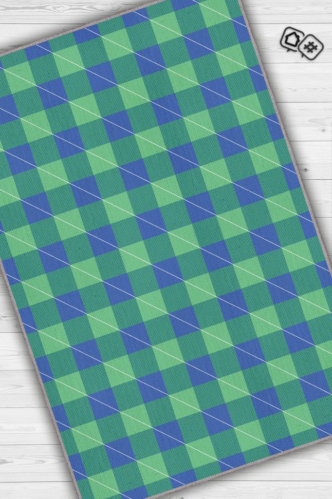 Homshtag Ekose Desenli Halı Mavi Yeşil Renk Salon Halısı Tasarım Halı Hasır Görünümlü Ekose Halı