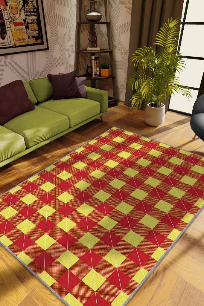 Homshtag Ekose Desenli Halı Sarı Kırmızı Renk Salon Halısı Tasarım Halı Hasır Görünümlü Ekose Halı