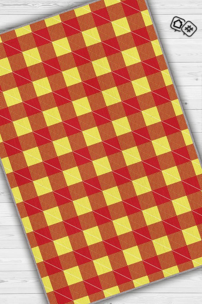 Homshtag Ekose Desenli Halı Sarı Kırmızı Renk Salon Halısı Tasarım Halı Hasır Görünümlü Ekose Halı