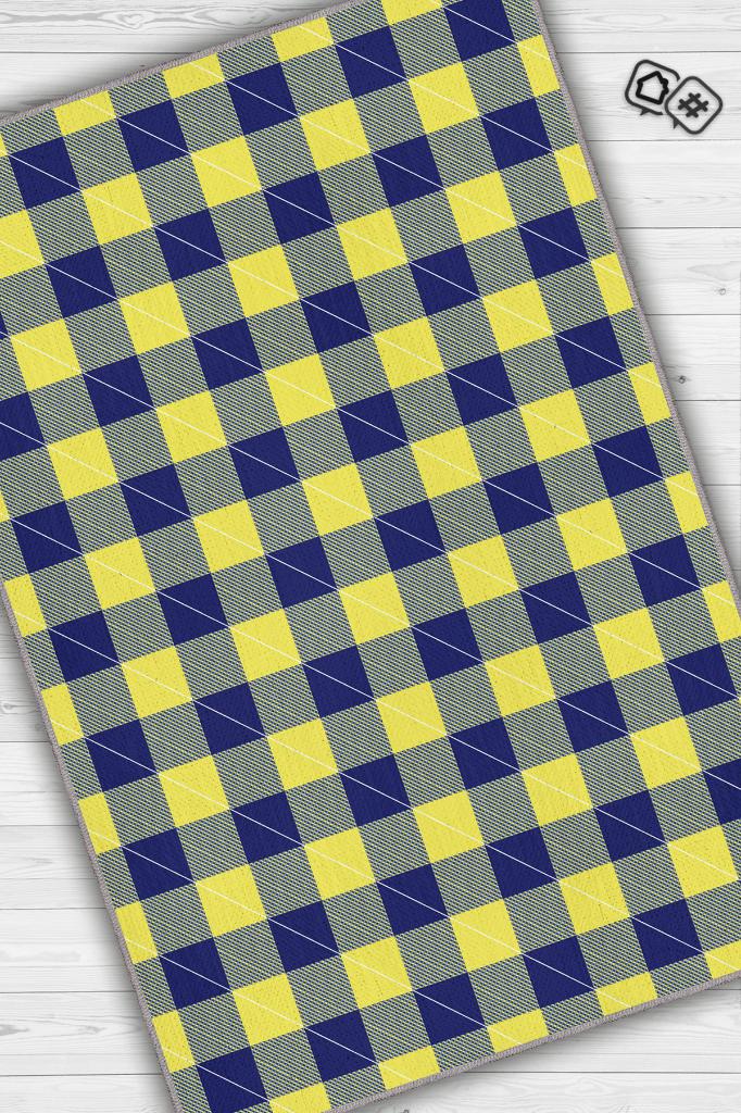 Homshtag Ekose Desenli Halı Sarı Lacivert Renk Salon Halısı Tasarım Halı Hasır Görünümlü Ekose Halı