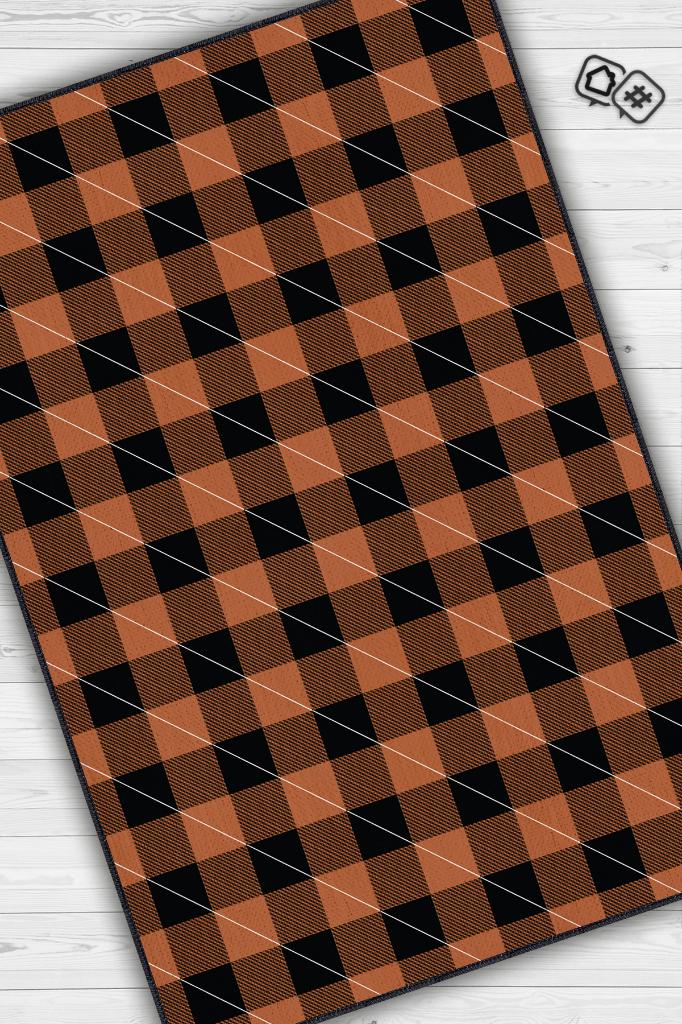 Homshtag Ekose Desenli Halı Turuncu Siyah Renk Salon Halısı Tasarım Halı Hasır Görünümlü Ekose Halı