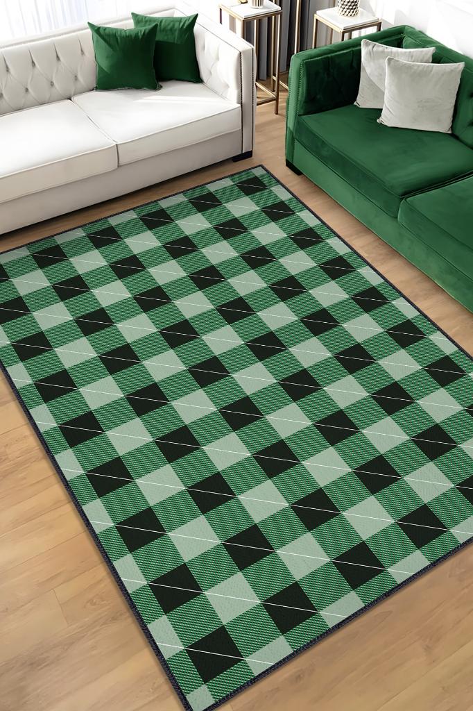Homshtag Ekose Desenli Halı Yeşil Renkli Salon Halısı Tasarım Baskı Halı Hasır Görünümlü Ekose Halı