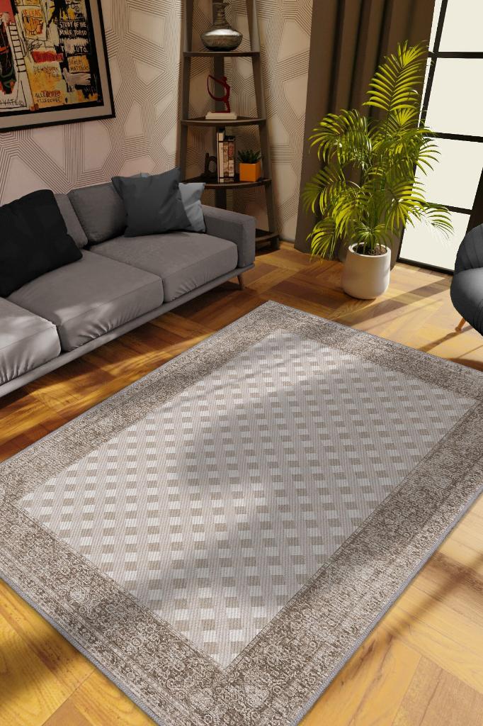 Homshtag Etnik Desenli Kahverengi Renkli Halı Vintage Bordürlü Halı Geometrik Desenli Dijital Baskı Halı