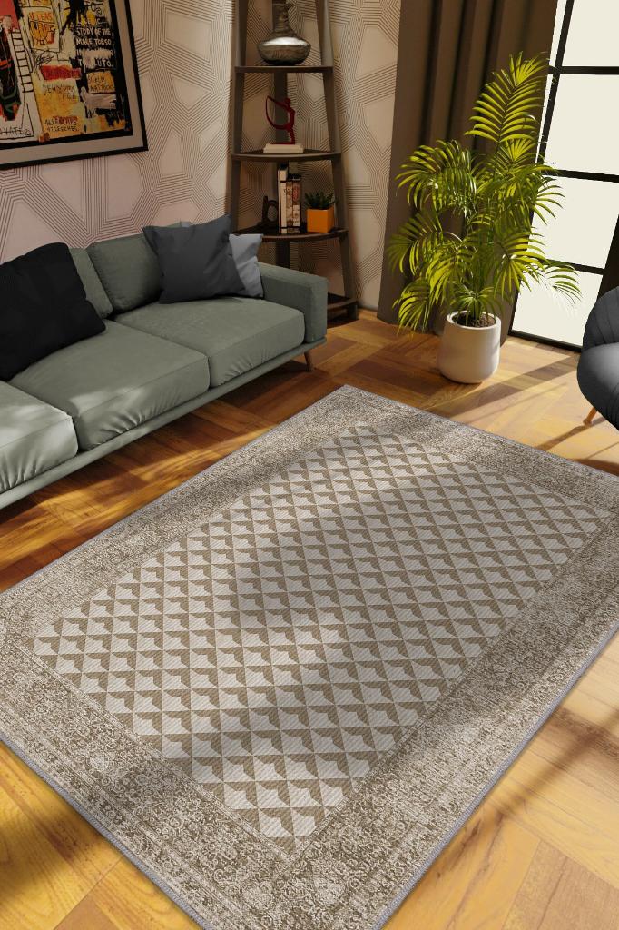 Homshtag Etnik Desenli Kahverenkli Renkli Halı Vintage Bordürlü Halı Geometrik Desenli Dijital Baskı Halı