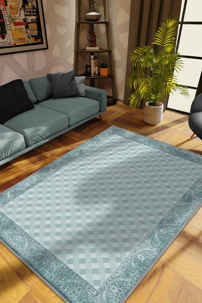 Homshtag Etnik Desenli Mavi Renkli Halı Vintage Bordürlü Halı Geometrik Desenli Dijital Baskı Halı