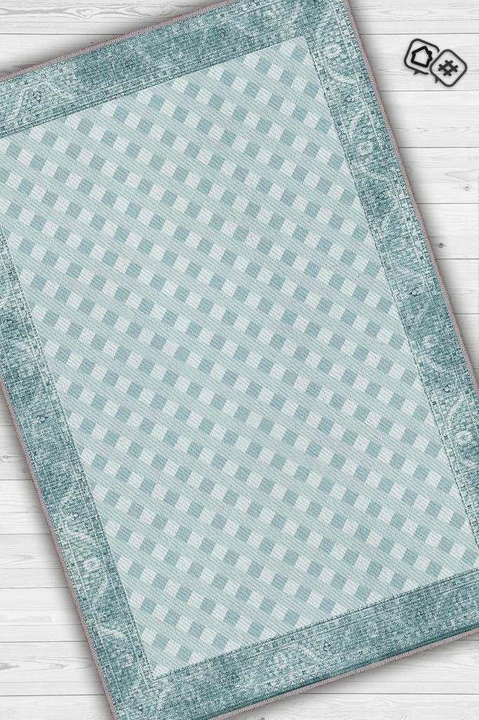 Homshtag Etnik Desenli Mavi Renkli Halı Vintage Bordürlü Halı Geometrik Desenli Dijital Baskı Halı