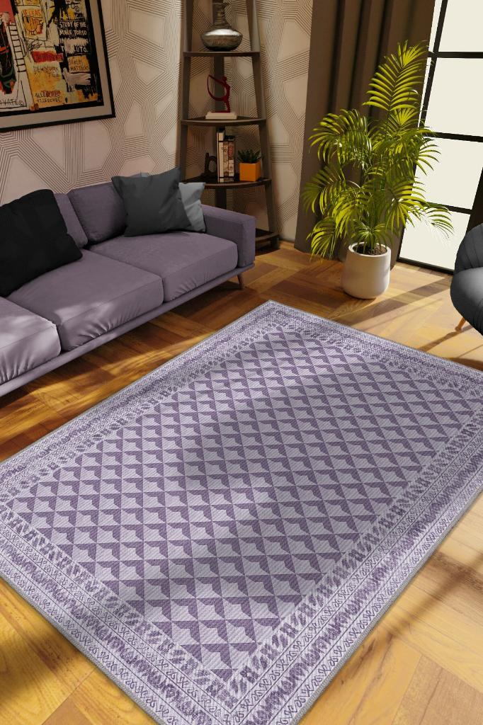 Homshtag Etnik Desenli Mor Renkli Halı Vintage Bordürlü Halı Geometrik Desenli Dijital Baskı Halı