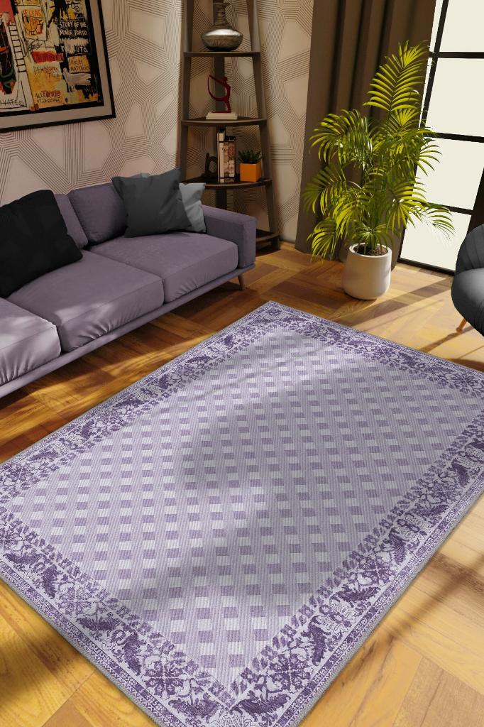 Homshtag Etnik Desenli Mor Renkli Halı Vintage Bordürlü Halı Geometrik Desenli Dijital Baskı Halı