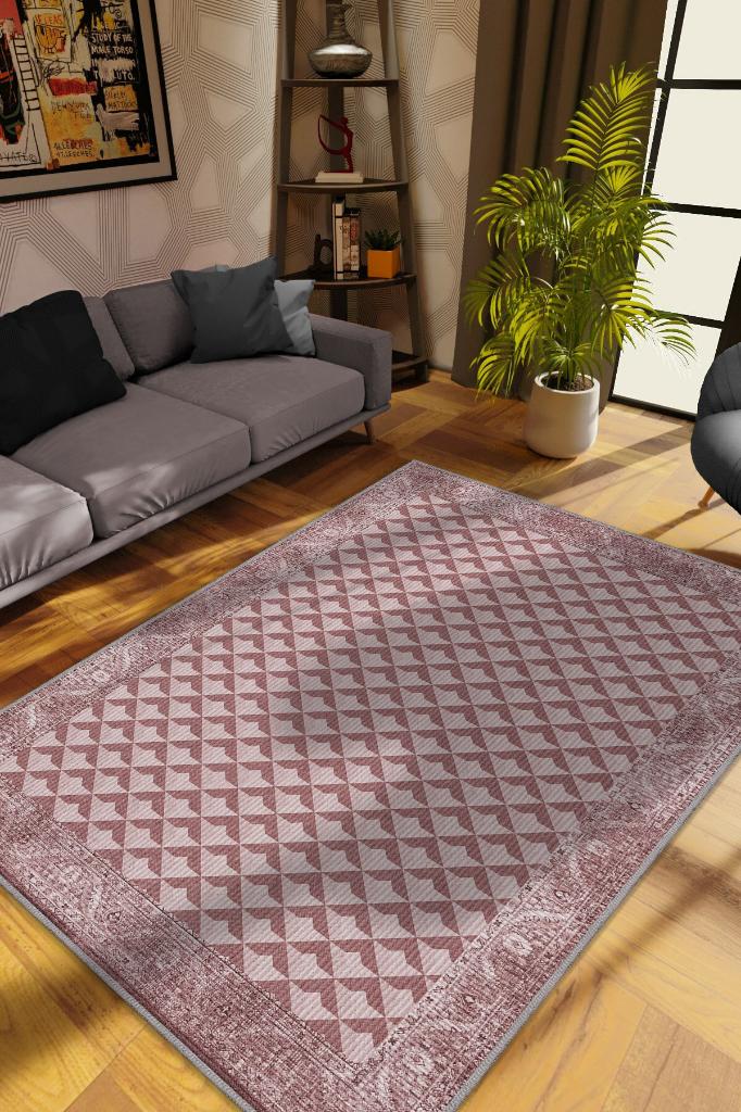 Homshtag Etnik Desenli Pembe Renkli Halı Vintage Bordürlü Halı Geometrik Desenli Dijital Baskı Halı