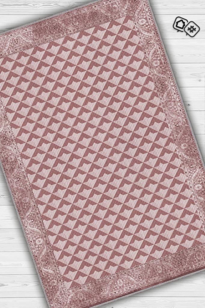 Homshtag Etnik Desenli Pembe Renkli Halı Vintage Bordürlü Halı Geometrik Desenli Dijital Baskı Halı