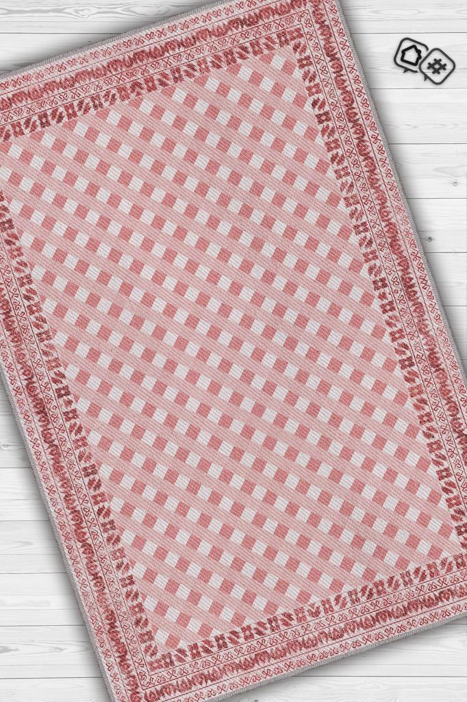 Homshtag Etnik Desenli Pembe Renkli Halı Vintage Bordürlü Halı Geometrik Desenli Dijital Baskı Halı