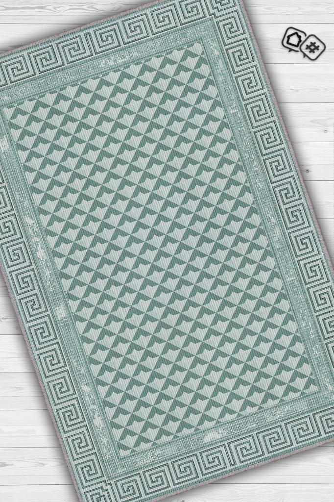 Homshtag Etnik Desenli Yeşil Renkli Halı Vintage Bordürlü Halı Geometrik Desenli Dijital Baskı Halı