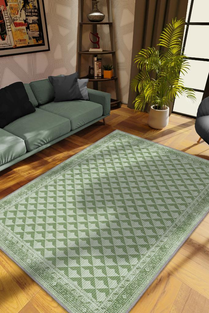 Homshtag Etnik Desenli Yeşil Renkli Halı Vintage Bordürlü Halı Geometrik Desenli Dijital Baskı Halı