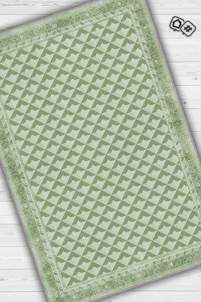 Homshtag Etnik Desenli Yeşil Renkli Halı Vintage Bordürlü Halı Geometrik Desenli Dijital Baskı Halı