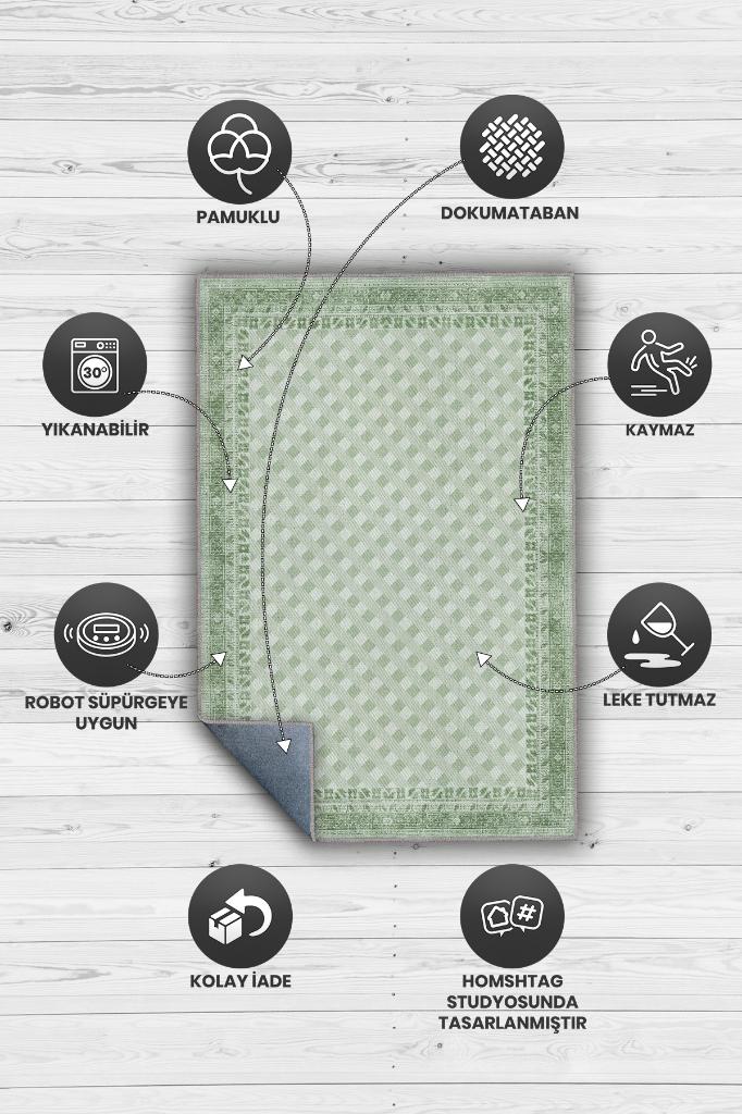 Homshtag Etnik Desenli Yeşil Renkli Halı Vintage Bordürlü Halı Geometrik Desenli Dijital Baskı Halı