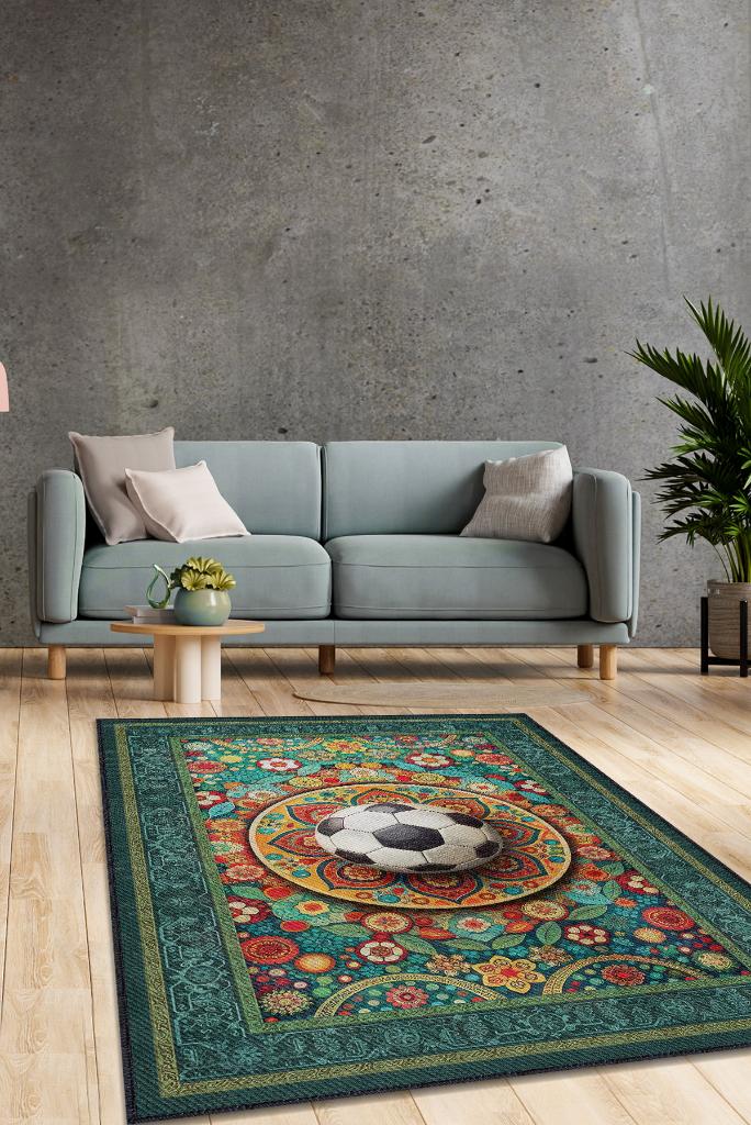 Homshtag Futbol Topu Desenli Halı Çok Renkli Halı Spor Severe Hediye Halı Spor Sever İçin Çiçekli Halı