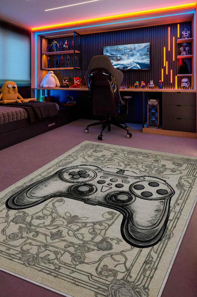 Homshtag Gamer Odası Halısı,Krem Renkli Genç Odası Halısı,Renkli Oyuncu Odası Halı Çocuk Odası Halı