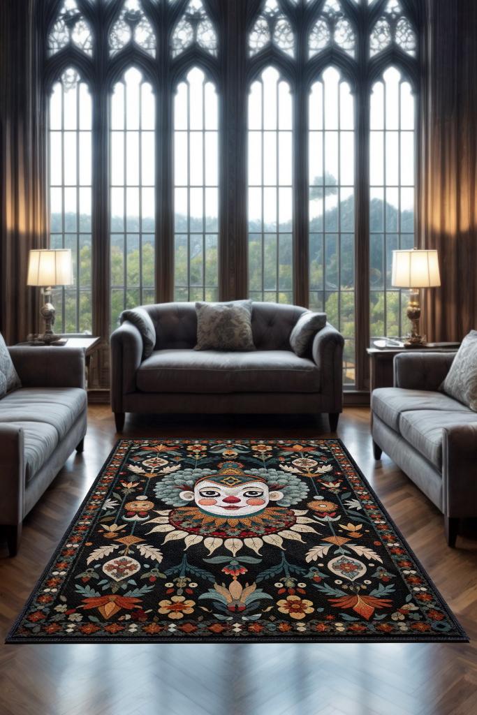 Homshtag Geleneksel Palyaço Temalı Halı Siyah Çiçekli Oturma Odası Halısı Hediyelik Palyaço Halısı