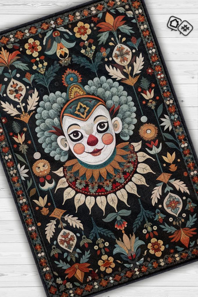 Homshtag Geleneksel Palyaço Temalı Halı Siyah Çiçekli Oturma Odası Halısı Hediyelik Palyaço Halısı