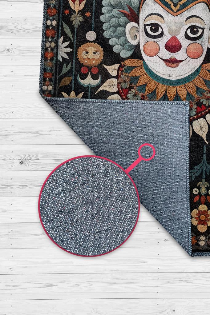 Homshtag Geleneksel Palyaço Temalı Halı Siyah Çiçekli Oturma Odası Halısı Hediyelik Palyaço Halısı