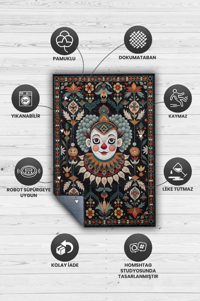 Homshtag Geleneksel Palyaço Temalı Halı Siyah Çiçekli Oturma Odası Halısı Hediyelik Palyaço Halısı