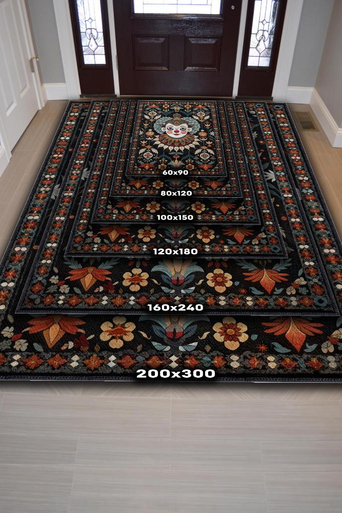 Homshtag Geleneksel Palyaço Temalı Halı Siyah Çiçekli Oturma Odası Halısı Hediyelik Palyaço Halısı