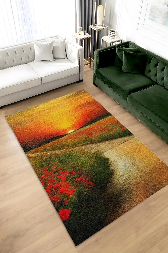 Homshtag Gelincikler Çok Renkli Halı Manzara Temalı Figürlü Salon Halısı Dijital Baskı Tasarım Halı