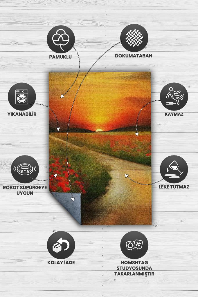 Homshtag Gelincikler Çok Renkli Halı Manzara Temalı Figürlü Salon Halısı Dijital Baskı Tasarım Halı