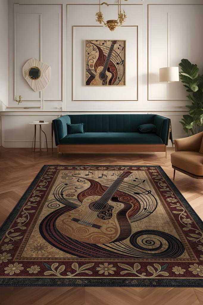 Homshtag Gitar Halısı Pop Art Müzik Halısı Müzik Gitar Figürlü Kahve Renkli Modern Halı