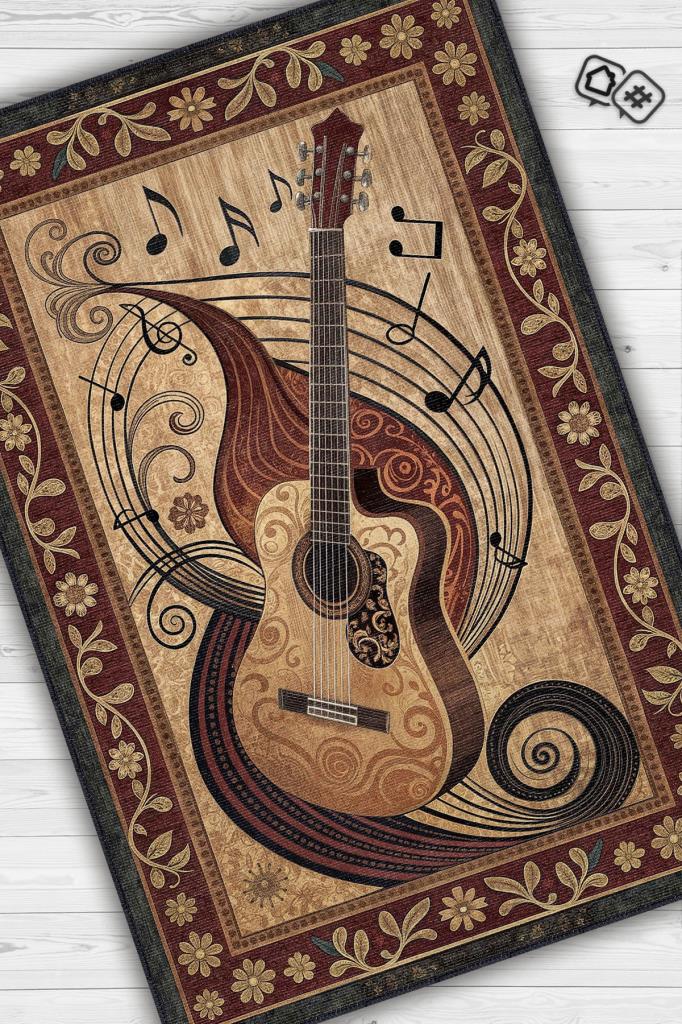 Homshtag Gitar Halısı Pop Art Müzik Halısı Müzik Gitar Figürlü Kahve Renkli Modern Halı