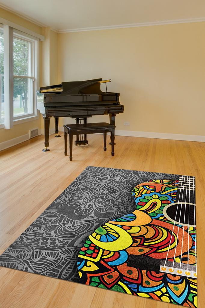 Homshtag Gitar Renkleri Gri Çok Renki Halı Etnik Desenli Müzik Sever Halısı Gitar Desenli Halı