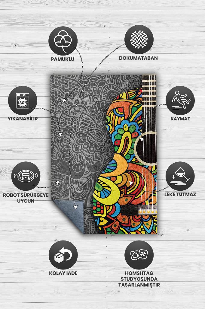 Homshtag Gitar Renkleri Gri Çok Renki Halı Etnik Desenli Müzik Sever Halısı Gitar Desenli Halı