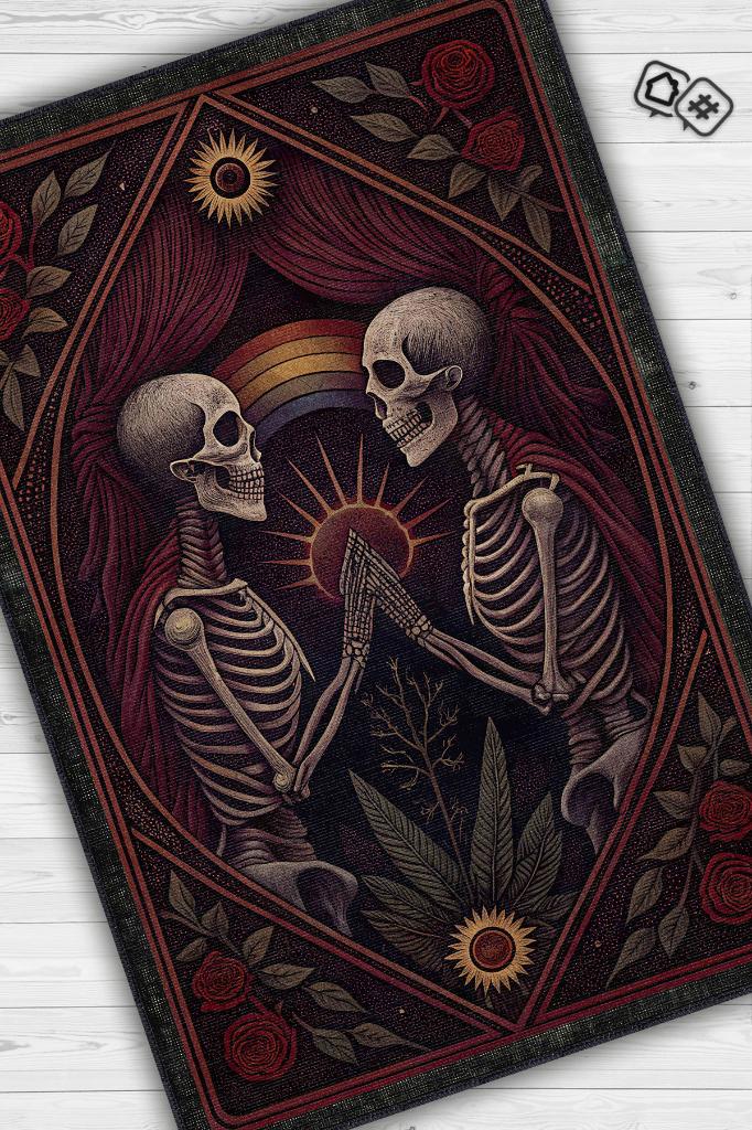 Homshtag Gökkuşağı Ve İskelet Temalı Halı Koyu Renkli Retro Oturma Odası Halısı İskelet Figürlü Halı