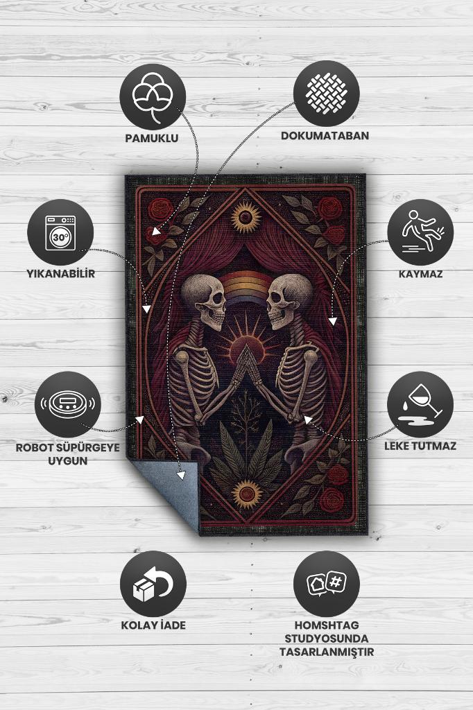 Homshtag Gökkuşağı Ve İskelet Temalı Halı Koyu Renkli Retro Oturma Odası Halısı İskelet Figürlü Halı