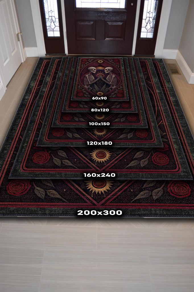 Homshtag Gökkuşağı Ve İskelet Temalı Halı Koyu Renkli Retro Oturma Odası Halısı İskelet Figürlü Halı