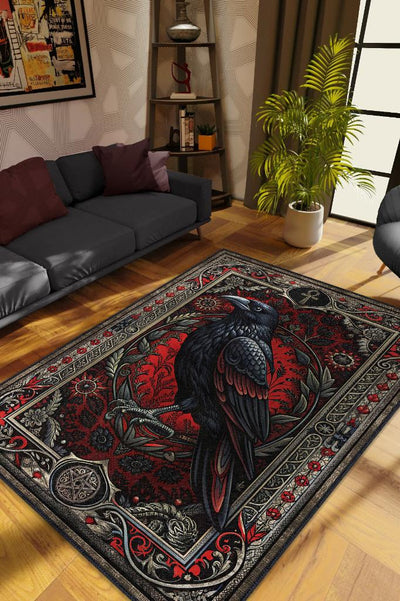Homshtag Gothic Crow Themed Rug, Red Retro Living Room Rug, Dark Crow Rug
