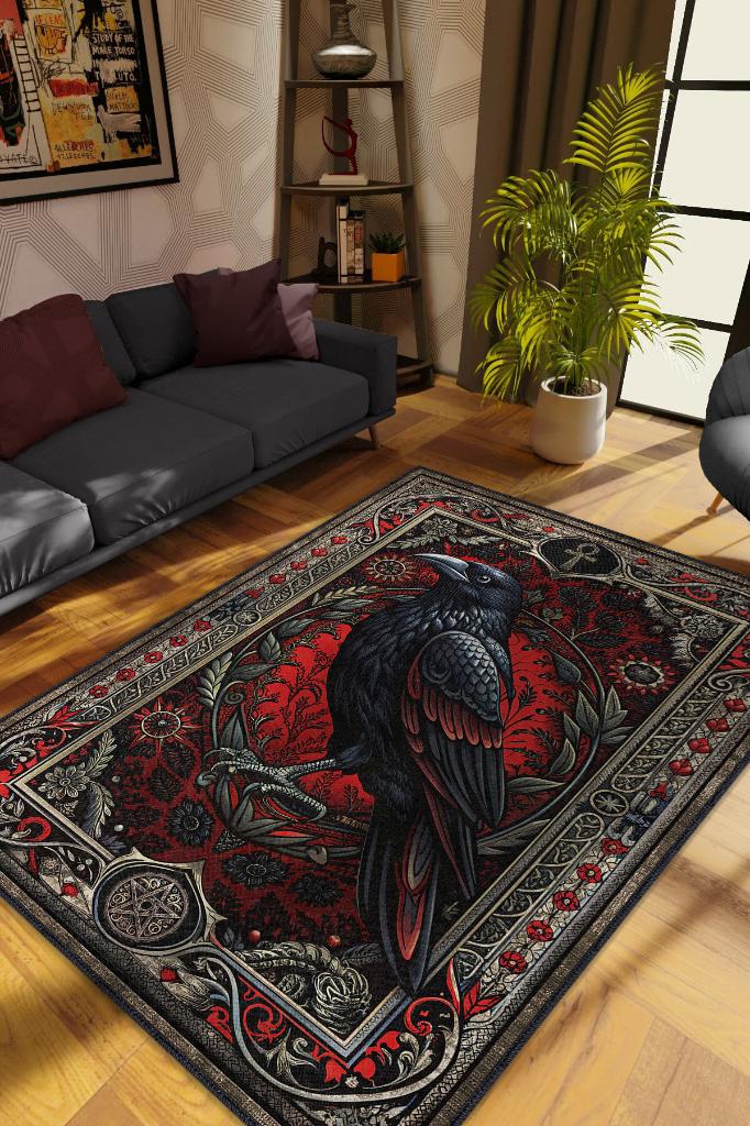 Homshtag Gotik Karga Temalı Halı Kırmızı Renkli Retro Oturma Odası Halısı Karanlık Karga Halısı