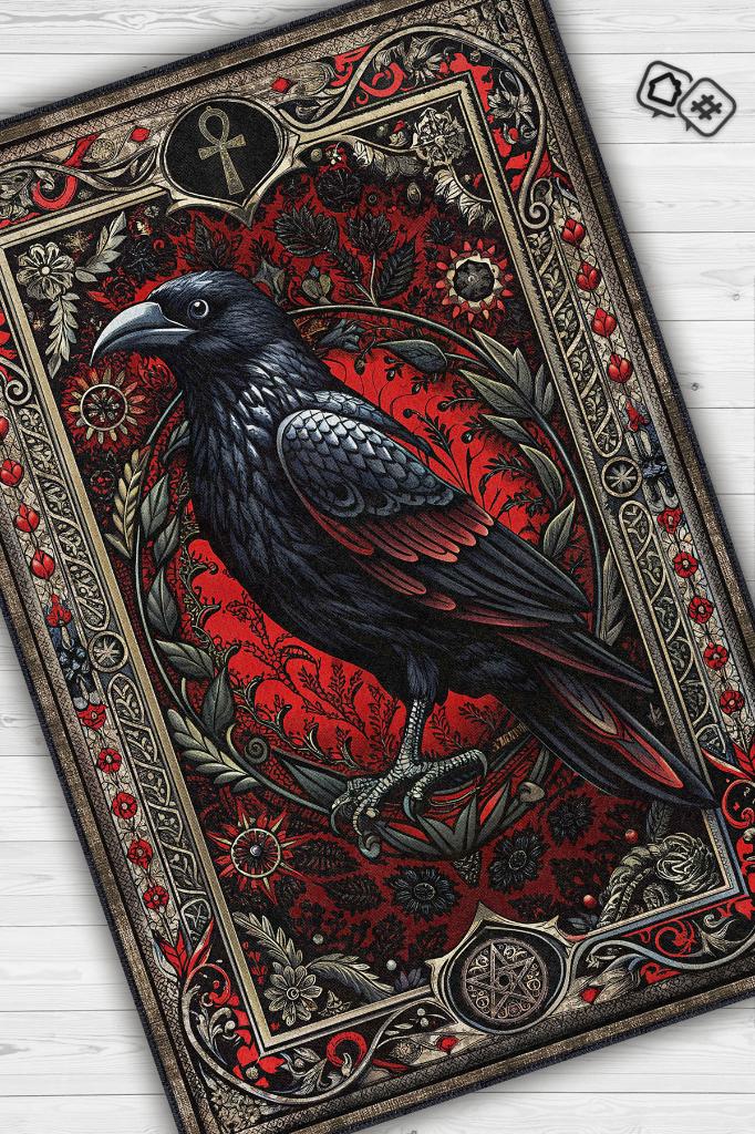 Homshtag Gotik Karga Temalı Halı Kırmızı Renkli Retro Oturma Odası Halısı Karanlık Karga Halısı