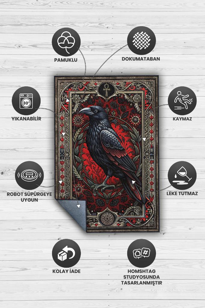 Homshtag Gotik Karga Temalı Halı Kırmızı Renkli Retro Oturma Odası Halısı Karanlık Karga Halısı
