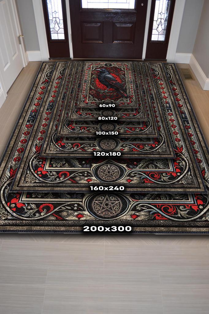 Homshtag Gotik Karga Temalı Halı Kırmızı Renkli Retro Oturma Odası Halısı Karanlık Karga Halısı