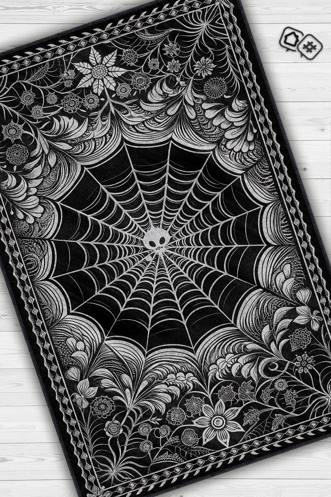 Homshtag Gotik Örümcek Ağı Temalı Halı Siyah Çiçekli Oturma Odası Halısı Hediyelik Örümcekli Halı