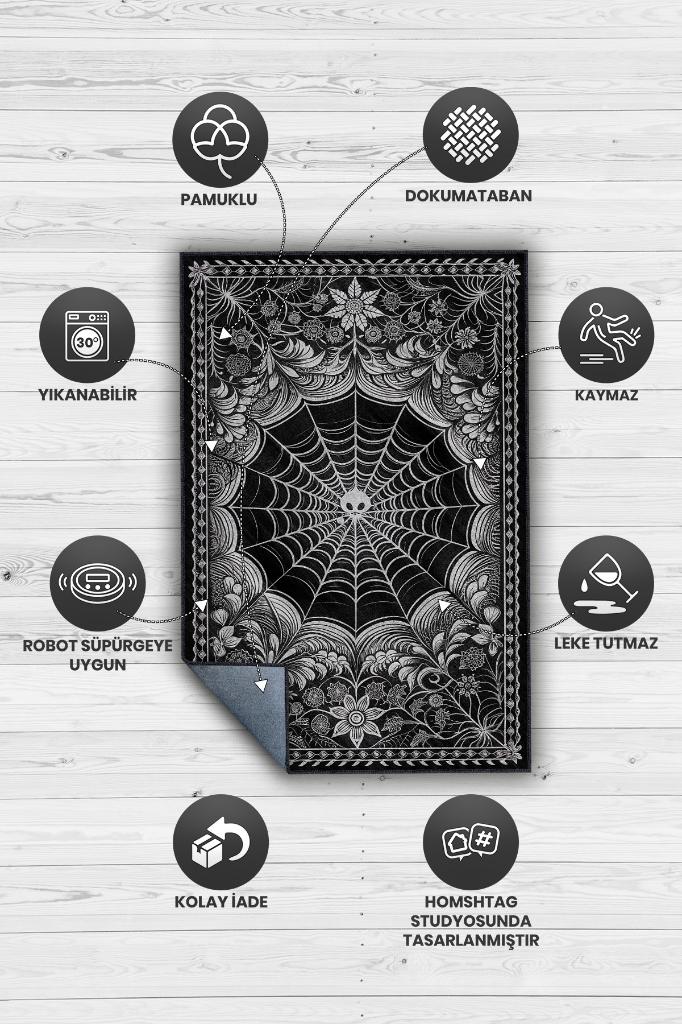 Homshtag Gotik Örümcek Ağı Temalı Halı Siyah Çiçekli Oturma Odası Halısı Hediyelik Örümcekli Halı