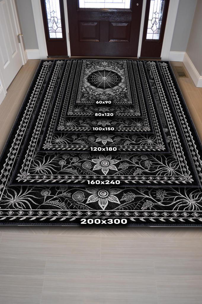 Homshtag Gotik Örümcek Ağı Temalı Halı Siyah Çiçekli Oturma Odası Halısı Hediyelik Örümcekli Halı