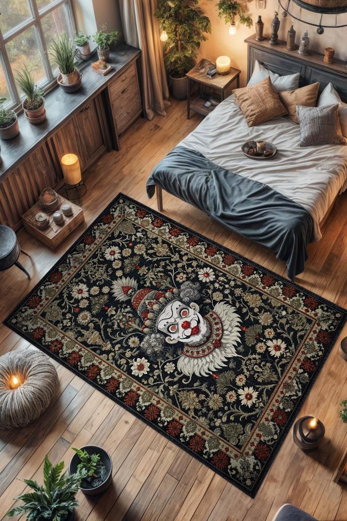 Homshtag Gotik Palyaço Temalı Halı Siyah Çiçekli Oturma Odası Halısı Etnik Hediyelik Palyaço Halısı