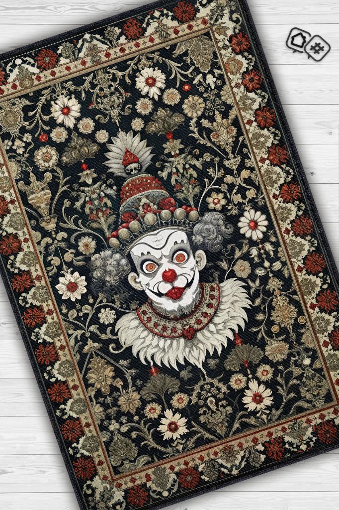 Homshtag Gotik Palyaço Temalı Halı Siyah Çiçekli Oturma Odası Halısı Etnik Hediyelik Palyaço Halısı