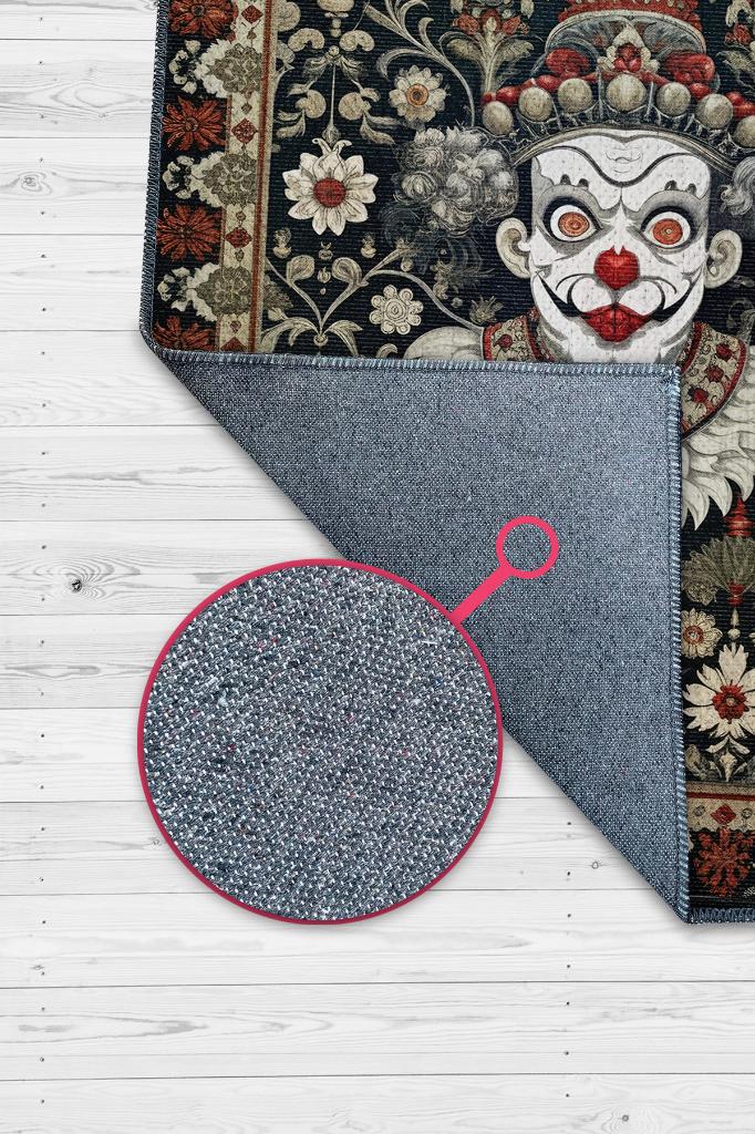 Homshtag Gotik Palyaço Temalı Halı Siyah Çiçekli Oturma Odası Halısı Etnik Hediyelik Palyaço Halısı