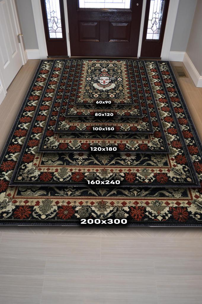 Homshtag Gotik Palyaço Temalı Halı Siyah Çiçekli Oturma Odası Halısı Etnik Hediyelik Palyaço Halısı