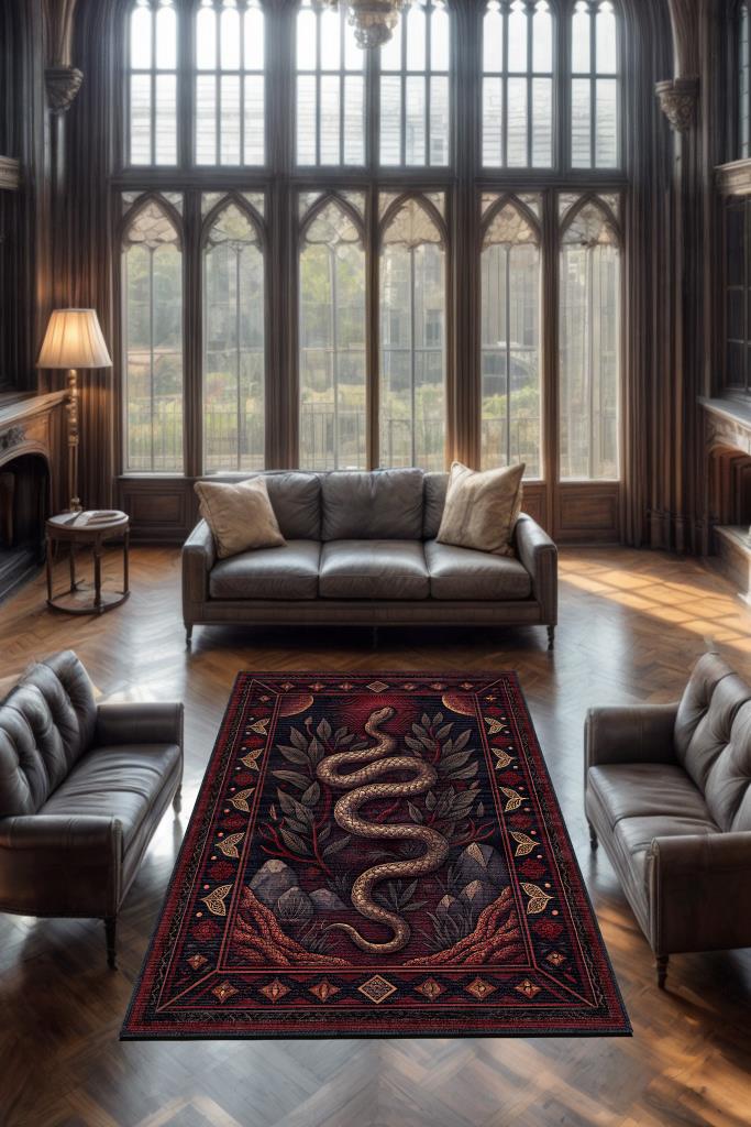 Homshtag Gotik Yılan Temalı Halı Kırmızı Siyah Renkli Oturma Odası Halısı Yılan Figürlü Halı