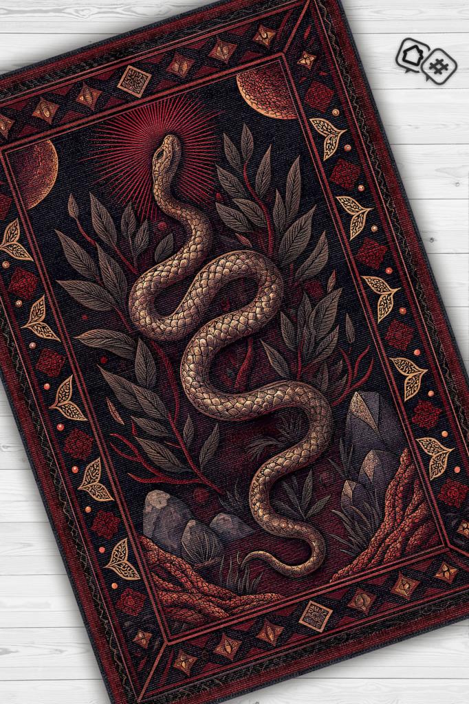 Homshtag Gotik Yılan Temalı Halı Kırmızı Siyah Renkli Oturma Odası Halısı Yılan Figürlü Halı