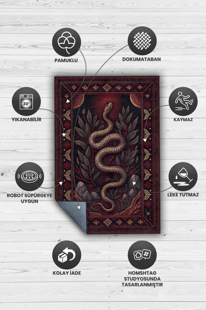 Homshtag Gotik Yılan Temalı Halı Kırmızı Siyah Renkli Oturma Odası Halısı Yılan Figürlü Halı